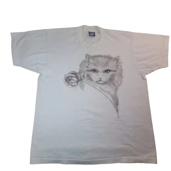 Screen Stars Tops - VTG 80's Screen Stars Best Single Stitch White Women's Tee USA Sparkles Cat XL